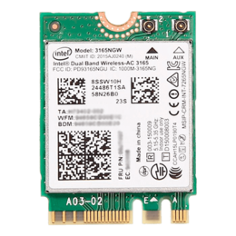 Dual Band Wireless-AC 3165, 1x1 Wi-Fi + Bluetooth 4.2, IEEE 802.11ac, 433 Mbps, M.2 2230, Wireless Card