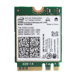 Dual Band Wireless-AC 3160, 1x1 Wi-Fi + Bluetooth 4.0, IEEE 802.11ac, 433 Mbps, M.2 2230, Wireless Card