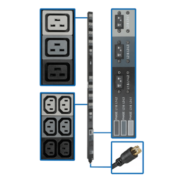 8.6kW 208/120V Three-Phase Basic PDU - 48 Outlets (36 C13, 6 C19, 6 5-15/20R), L21-30P Input, 6 ft. Cord, 70 in. 0U Rack