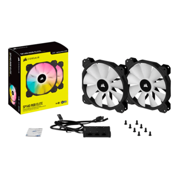 iCUE SP140 RGB ELITE Performance Black, 2 x 140mm, w/ Lighting Node CORE, 1200RPM, 68.11 CFM, 27 dBA, Cooling Fans