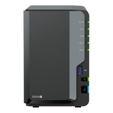 DiskStation® DS224+ 2-Bay NAS Server, Intel® Celeron® Processor J4125 Quad-core 2.7 GHz, 6GB DDR4 SO-DIMM RAM (2GB pre-installed), SATA 6Gb/s, 1GbLAN / 2, USB 3.2 Gen 1 / 2, 60W PSU