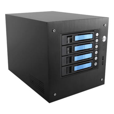 S-35-B4BL, Blue HDD Handle, 4x 3.5&quot; Hotswap Bays, 1x 2.5&quot; Drive Bay, No PSU, Mini-ITX, Black/Blue, Storage Mini Tower