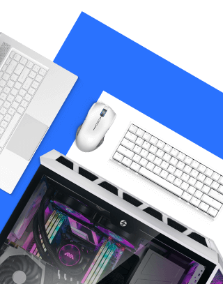 white gaming pc, keyboard and mouse